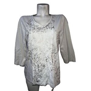 Zenergy by Chicos White Gold Metallic Striped Scroll V-Neck 3/4 Sleeve Top L (2)